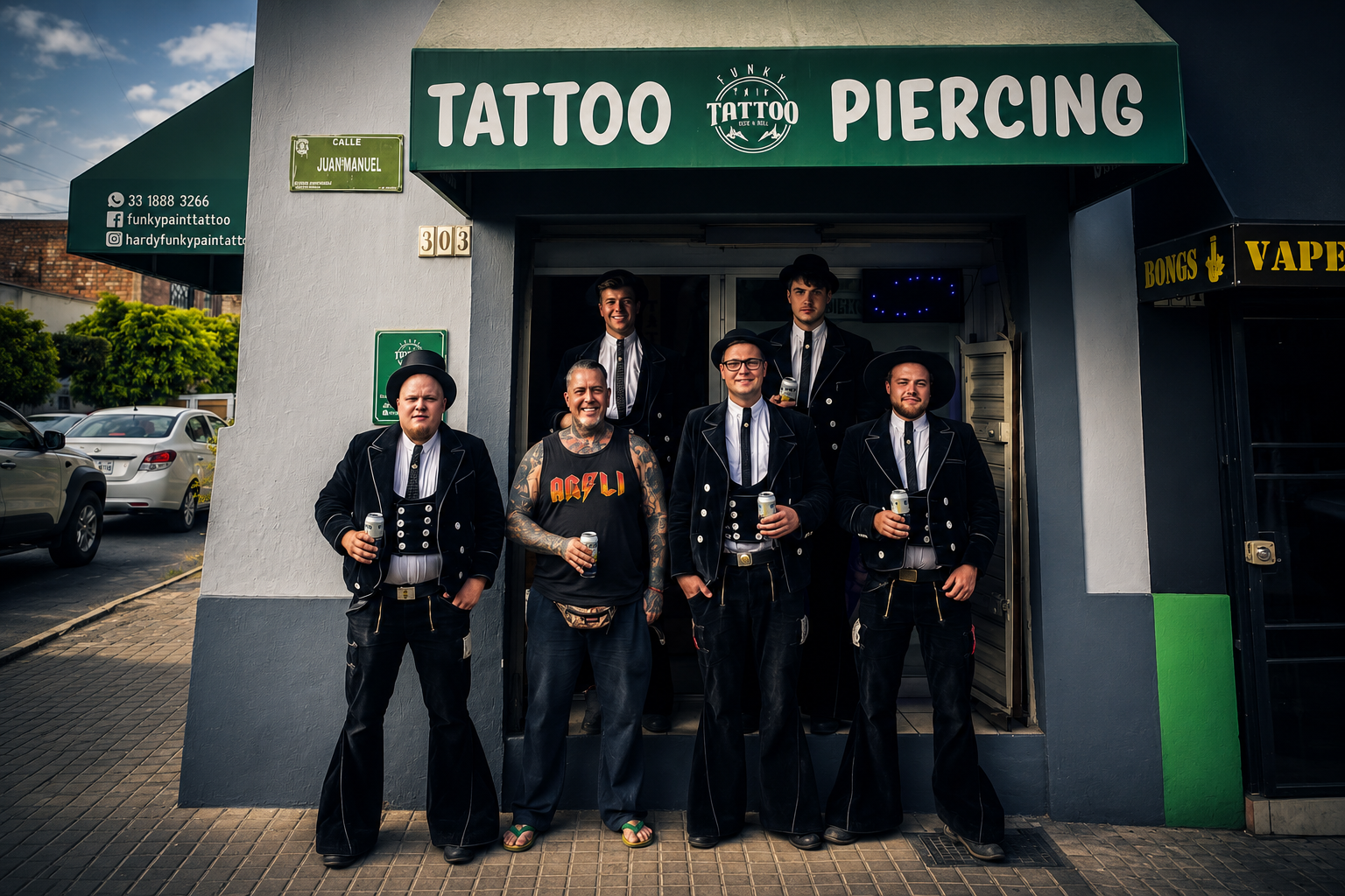 Funky Pain Tattoo — teamet foran atelieret i Ribe